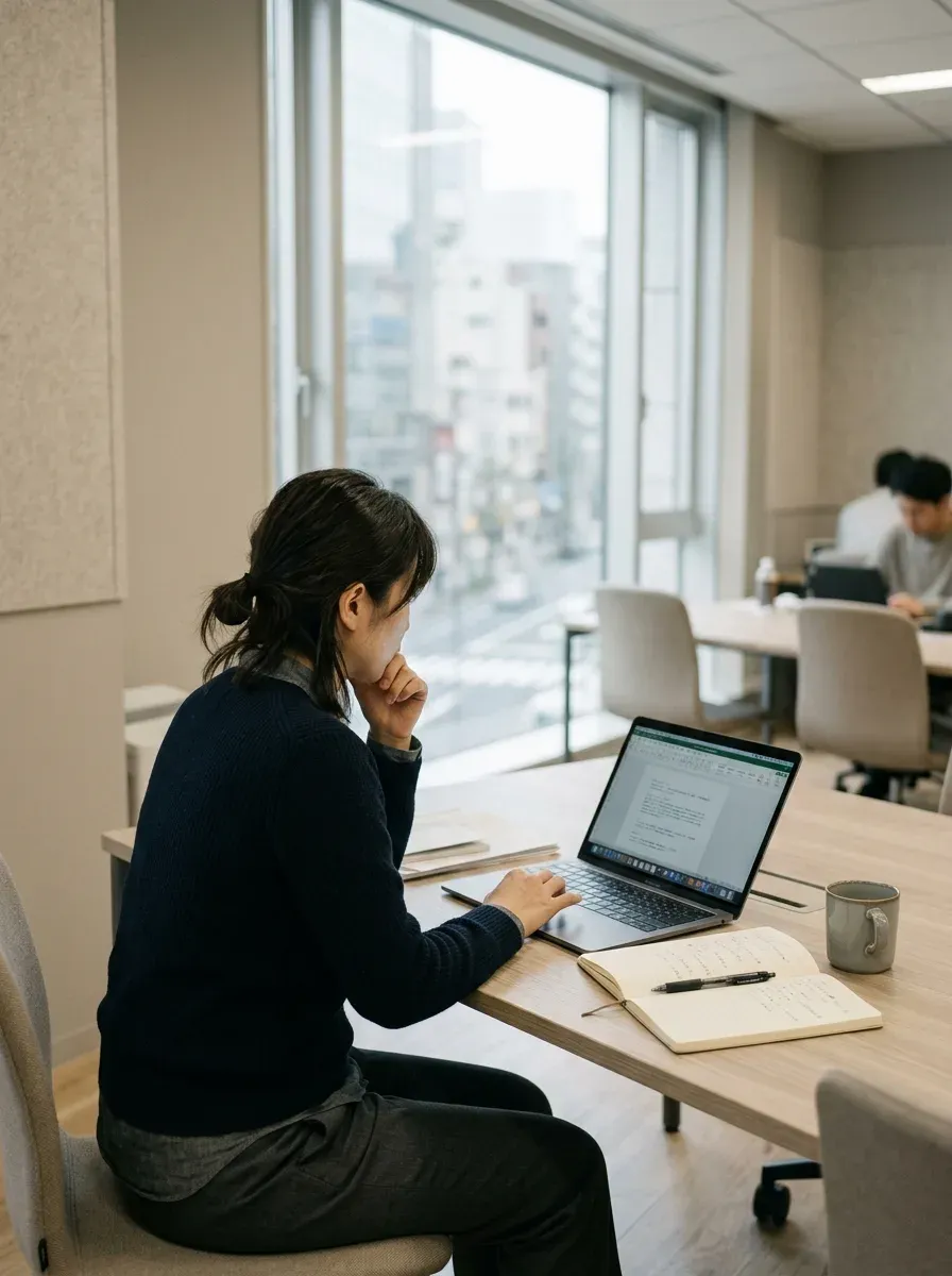 窓辺の机でノートパソコンに向かう会社員