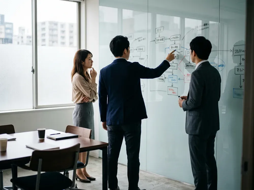 ホワイトボードの前で業務フローを検討する三人